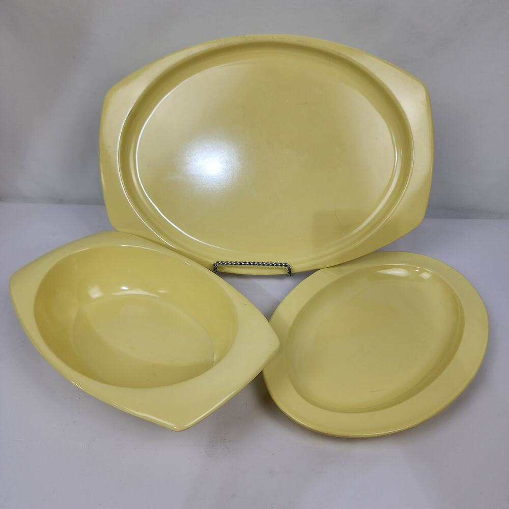 Set of 3  MCM Prolon Ware Melamine Butter Yellow Serving Dish Platter Bowl Nice